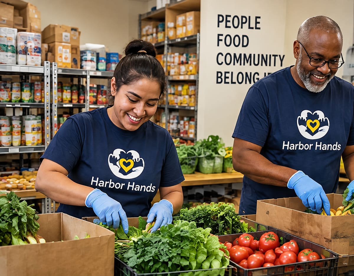 Two volunteers in navy Harbor Hands T-shirts and blue gloves sorting fresh greens and tomatoes into boxes in front of pantry shelves