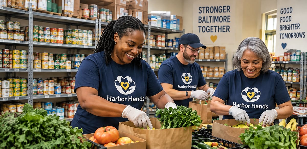 Three smiling volunteers in navy Harbor Hands T-shirts and gloves packing fresh greens and tomatoes into paper grocery bags in a bright pantry lined with stocked shelves