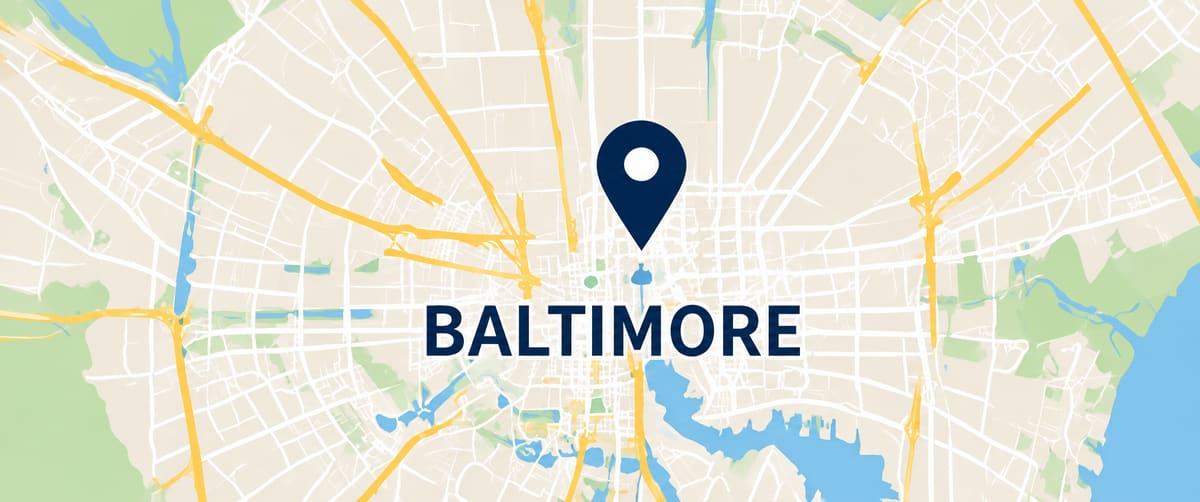 Simple illustrated map of the Baltimore area with a location pin over the city